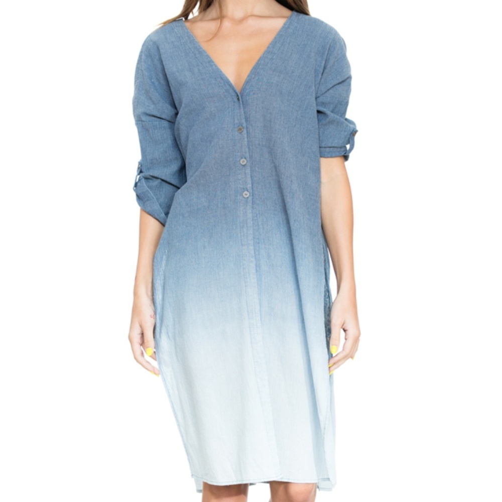 LONG SLEEVE V NECK BUTTON DOWN COVER UP DRESS